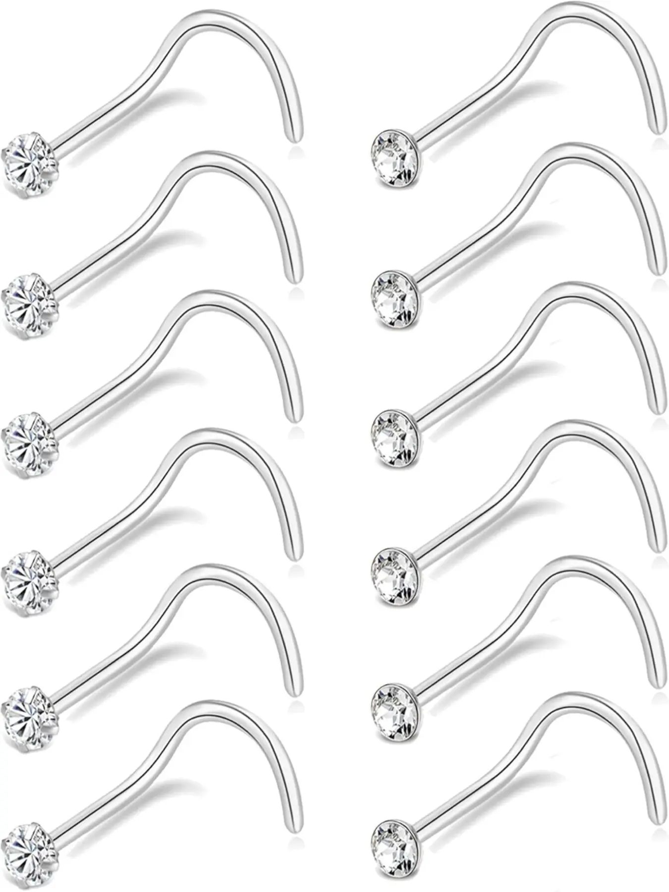 12Pcs Nose Studs Rings 20G Surgical Steel Screw Shaped Corkscrew Nostril Stud Body Piercing Jewelry Round CZ Nose Rings Studs for Women Men Silver Tone 1.5mm
