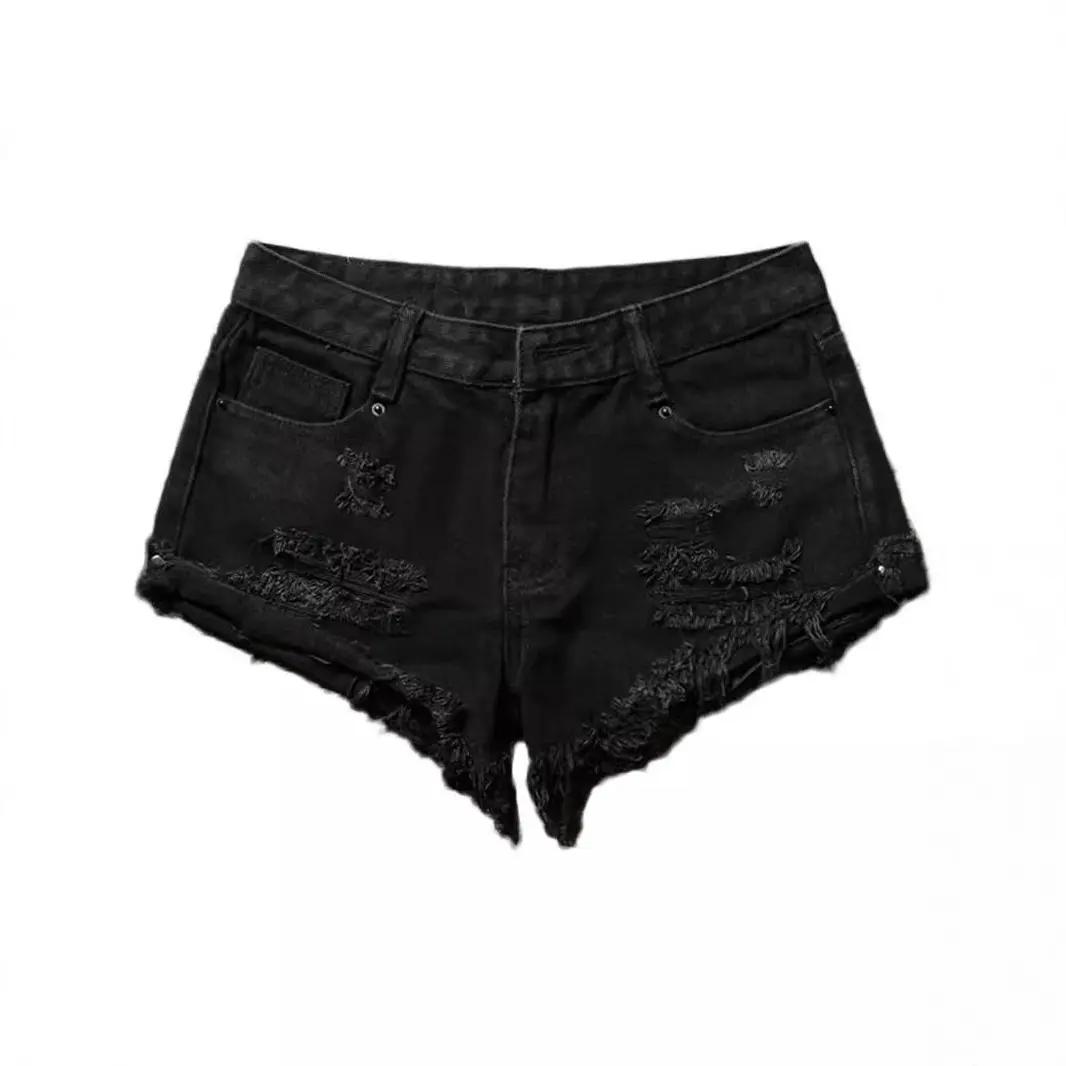 Black denim ultra-short shorts for women, new summer style, low-waisted ripped shorts with rolled edges, sexy, loose-fitting, slimming hot pants