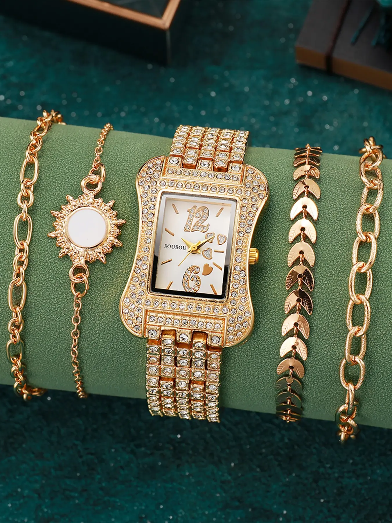 Luxury Quartz Watch Bracelet Set, Rhinestone Waistline Design, Bucket Shape Dial, Sun/leaf Chain, Perfect for Dates and Gifts