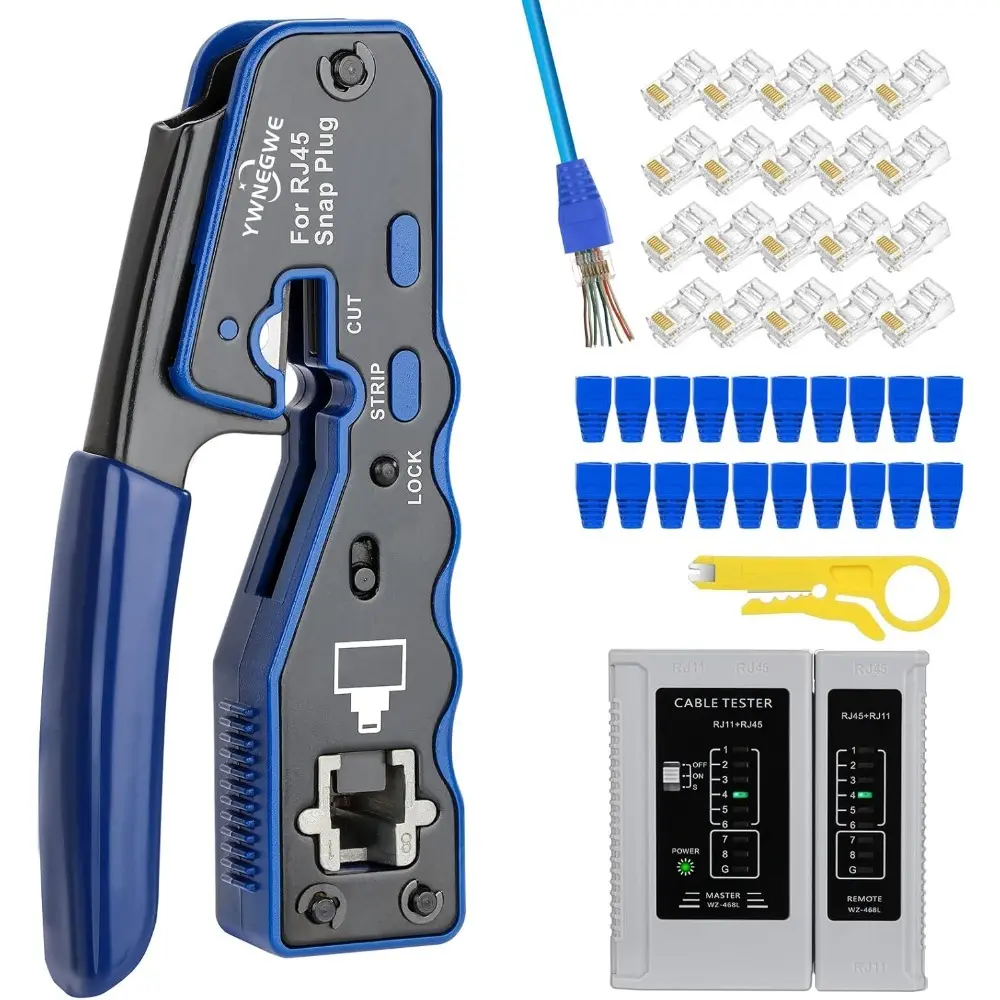 Crimp Tool Kit Pass Thru Ethernet Crimper for Cat5e Cat6 Cat6a 8P8C Modular Connectors, All-in-One Cat6 Crimping Tool and Tester(9V Battery Not Included)