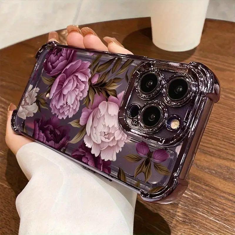 Purple Peony Pattern, Four-corner Electroplating Anti-drop, Non-slip TPU Full-cover Lens Mobile Phone Protective Case, Suitable for IPhone 17 16 15 14 13 12 11 XS X and Other Series Models, Can Be Given As A Gift To Friends or Family