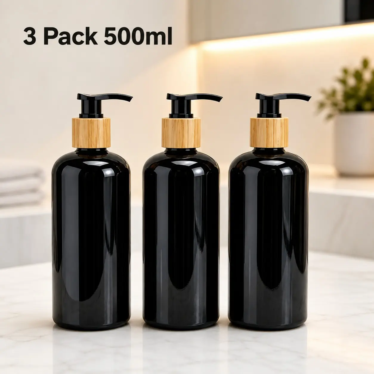 3 Pack 500ml Refillable Pump Bottles, Black Soap Dispensers with Bamboo Collars for Shampoo, Body Wash & Hand Wash
