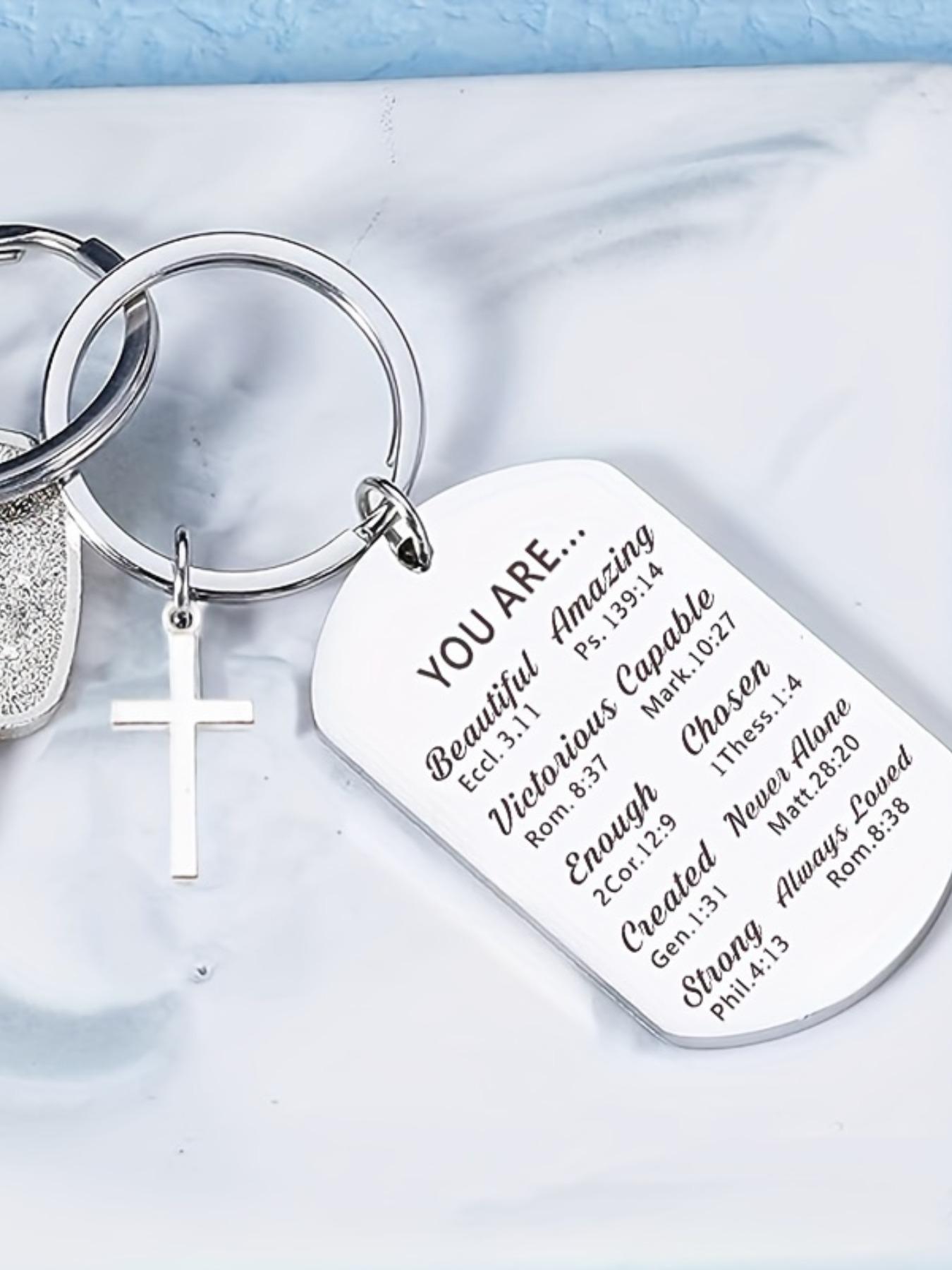 Stainless Steel Personalized Keychain, Cross Decor Metal Keychain with Bible Verse, Inspirational Gift, Graduation Gift, Fashion Accessories for Men