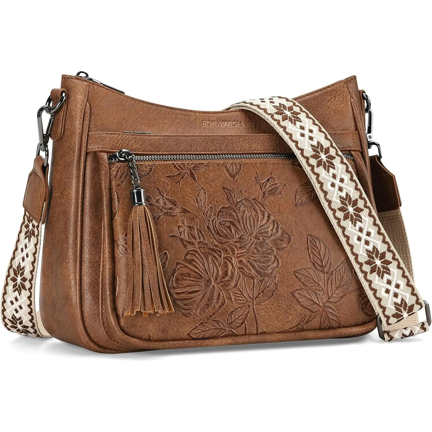 Crossbody Bags for Women, Medium Vegan Leather Purses | Large Capacity Multi-Pocket Embossed  Bag with Boho Strap for Daily Travel