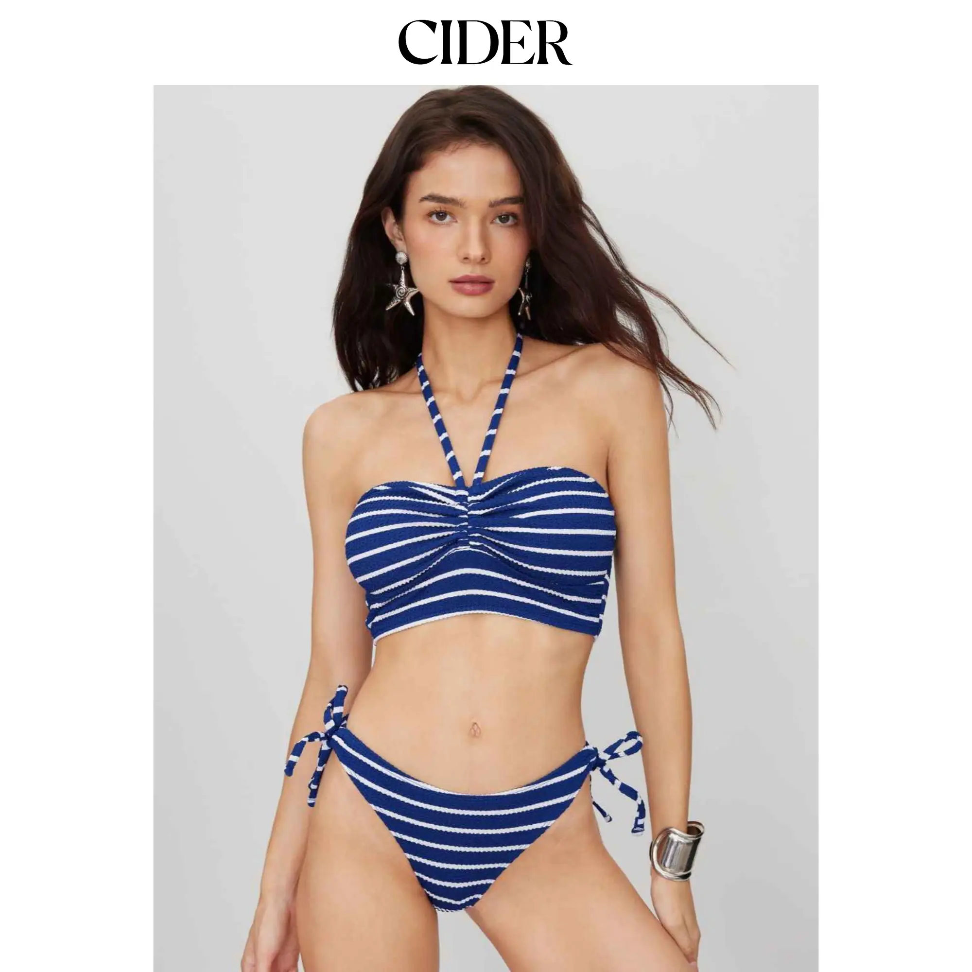 Cider Ribbed Halter Neckline Stripe Knotted Cheeky Bikini Set