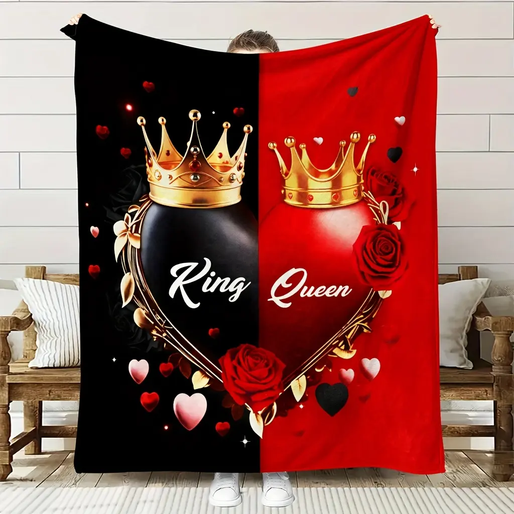 King Queen Crown Heart Rose Print Flannel Throw Blanket - Black-Red Split Background Couple Love Theme Soft Decor Blanket, Lightweight Warm Cozy for Bedroom Sofa, Romantic Gift for Couples Anniversary All-Season Home Use