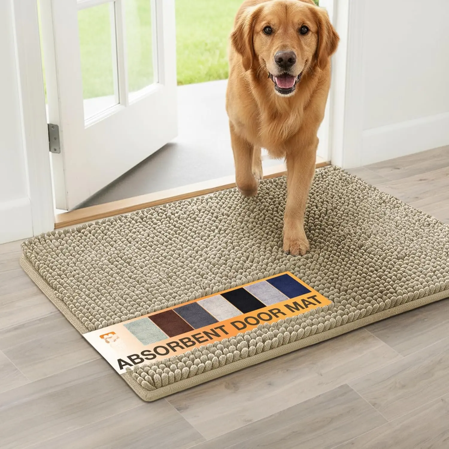 s Muddy Paws  Door Mat 30" x 20" - Super Absorbent & Quick-Dry Chenille Doormat for Trapping Dirt, Water, Mud - Non-Slip & Machine Washable  Rugs for Entryway, Indoor Mud Mats, Tan
