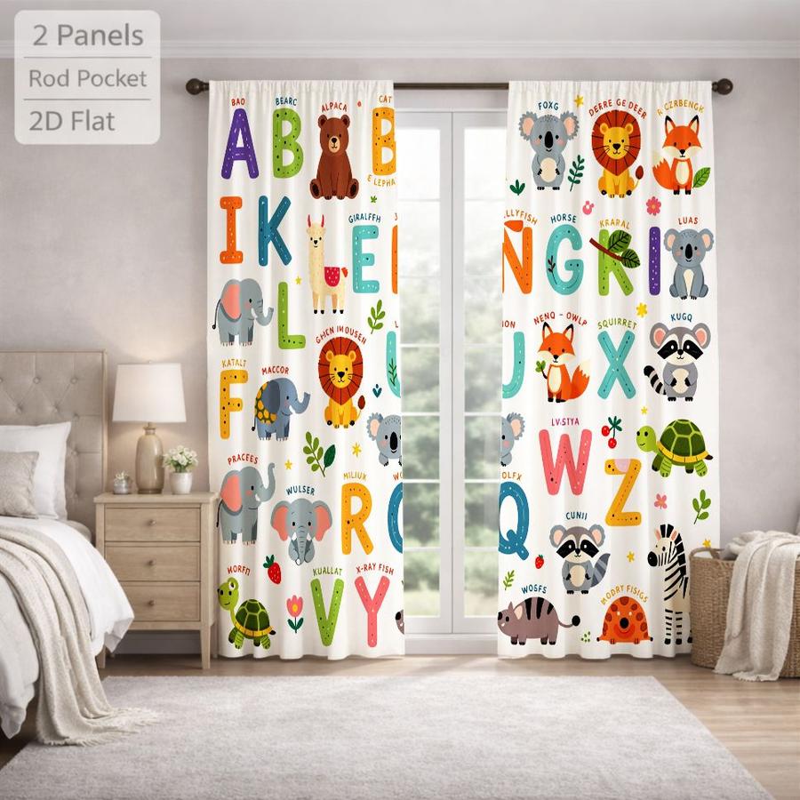 2Pcs Cartoon Animal Alphabet Kids Curtains Digital Printed Rod Pocket, Window Treatment For Bedroom Office Kitchen Living Room Study Home Decor