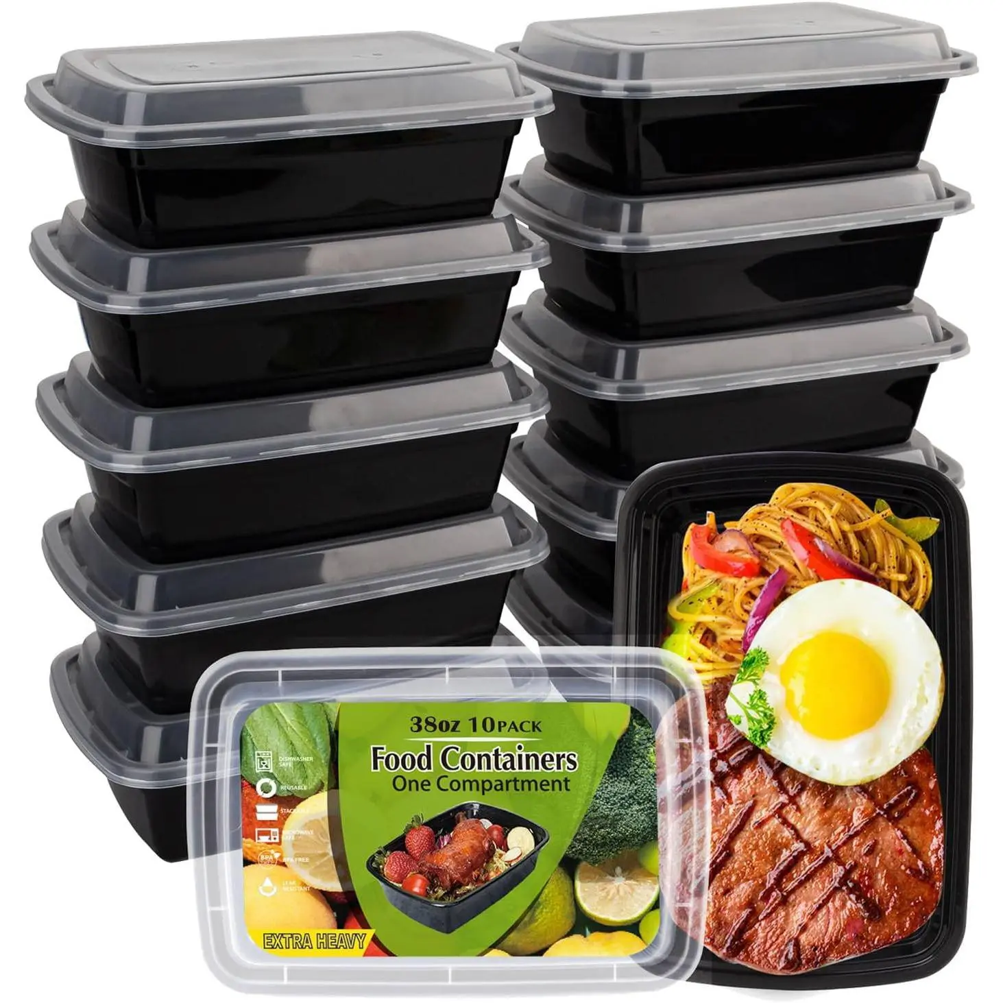 Meal Prep Containers [38OZ] Plastic  Storage Containers With ,10-Pack  To Go Containers, Disposable  Prep Container, , Stackable, Microwave/Dishwasher/Freezer Safe