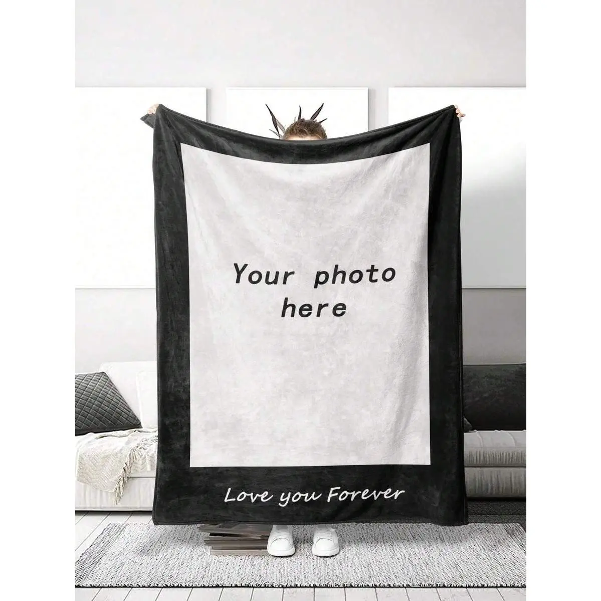 Custom Single Photo Flannel Throw, Black White Frame With Love You Forever Text, Lightweight Air Conditioning Blanket, Anniversary Gift For Couple, Personalized Keepsake Decor