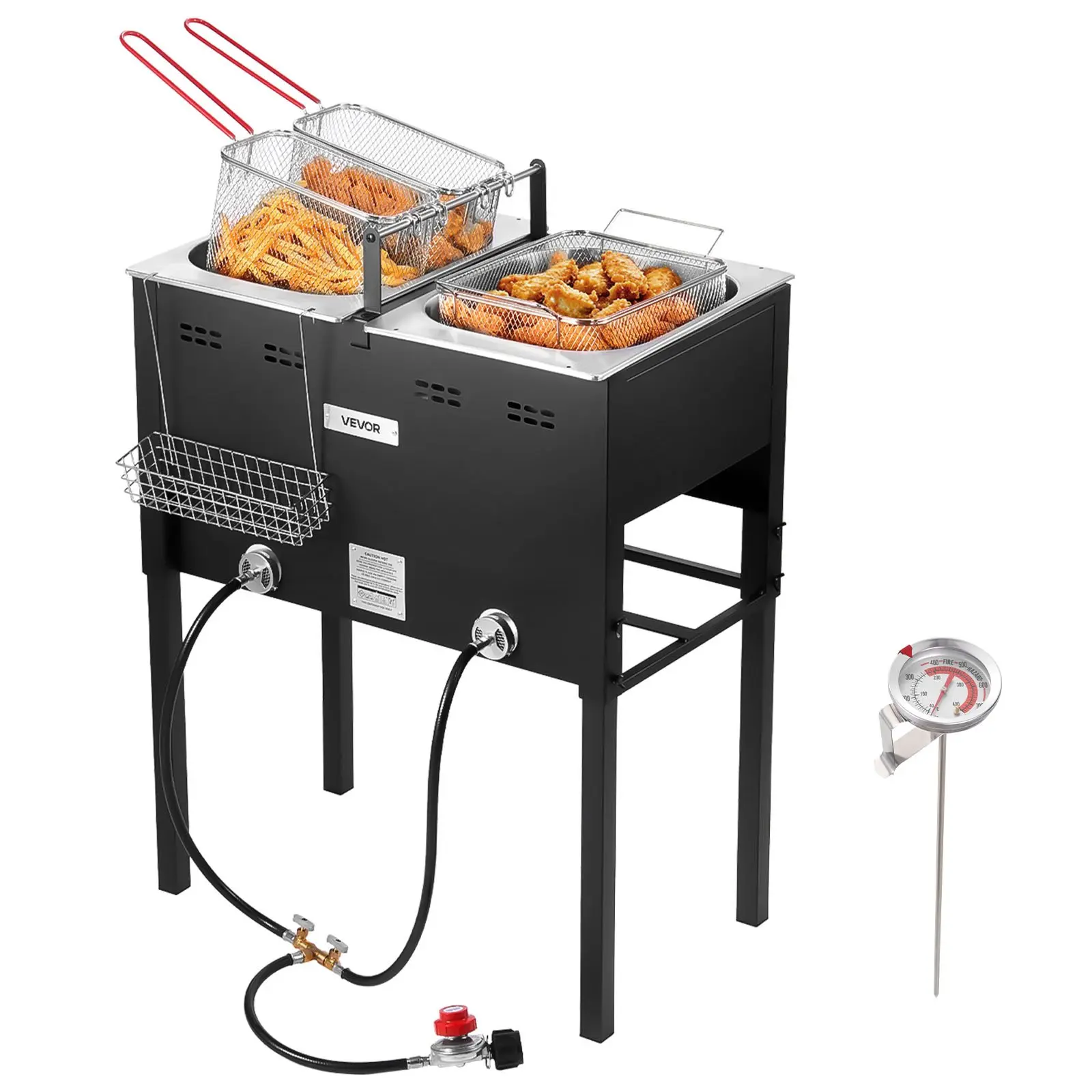 VEVOR Outdoor Propane Deep Fryer, Dual-Tank 16QTx2 Large Capacity Commercial Fryer, Stainless Steel Fish Cooker with 3 Basket, Thermometer, Floor Standing Fryers for Catering Event Camping, 50, 000 BTU