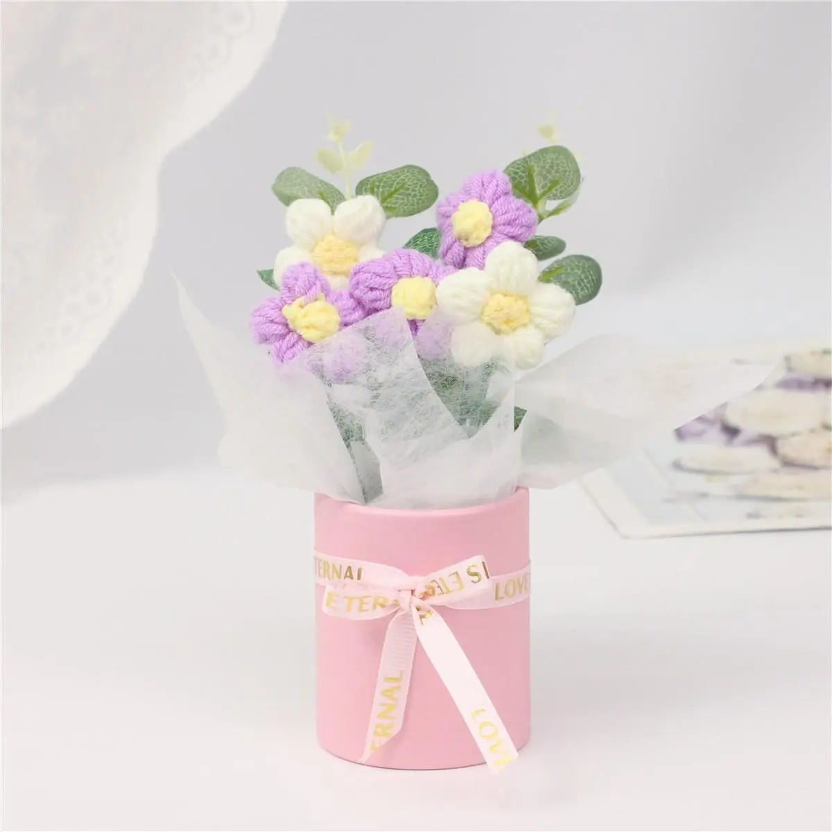 Crochet Mini Bouquet Bucket, Handmade Daisy Artificial Flower, Mother's Day Gift, Wedding, Birthday, Home Decor, Ribbon Packaging