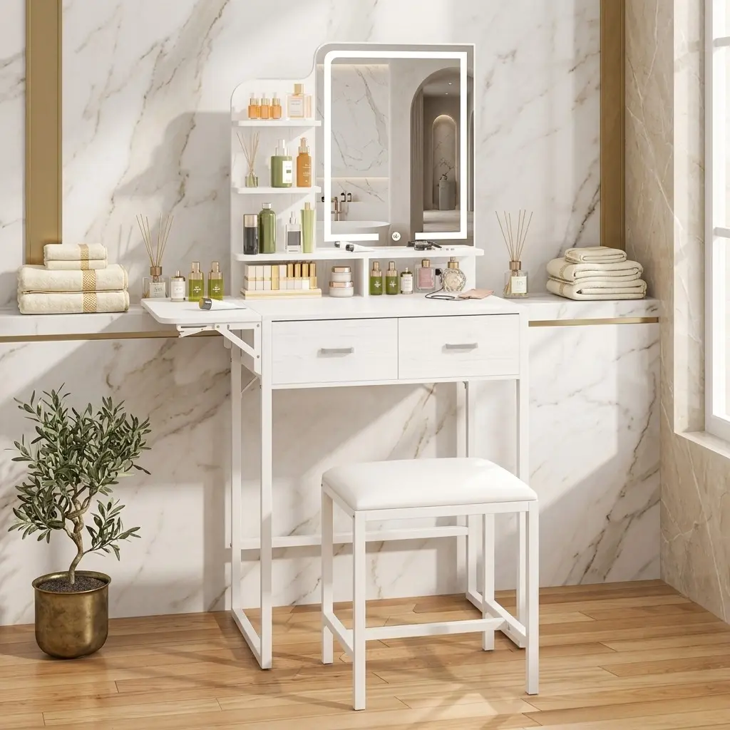 Dual-Functional Foldable Makeup Vanity Desk with LED Mirror, USB Port, US B Type Plug Power Outlet, MDF Build, Fabric Drawers, Shelves, Stool, Dresser Organization, Electronic Device Charging, Compact White/Black Indoor Furniture for Interior Decoration