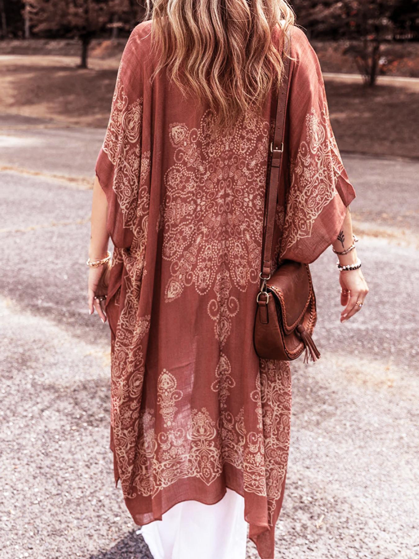 Women's Ethnic Pattern Kimono, Casual Open Front Cover Up for Beach Vacation, Ladies Clothes for Spring & Fall