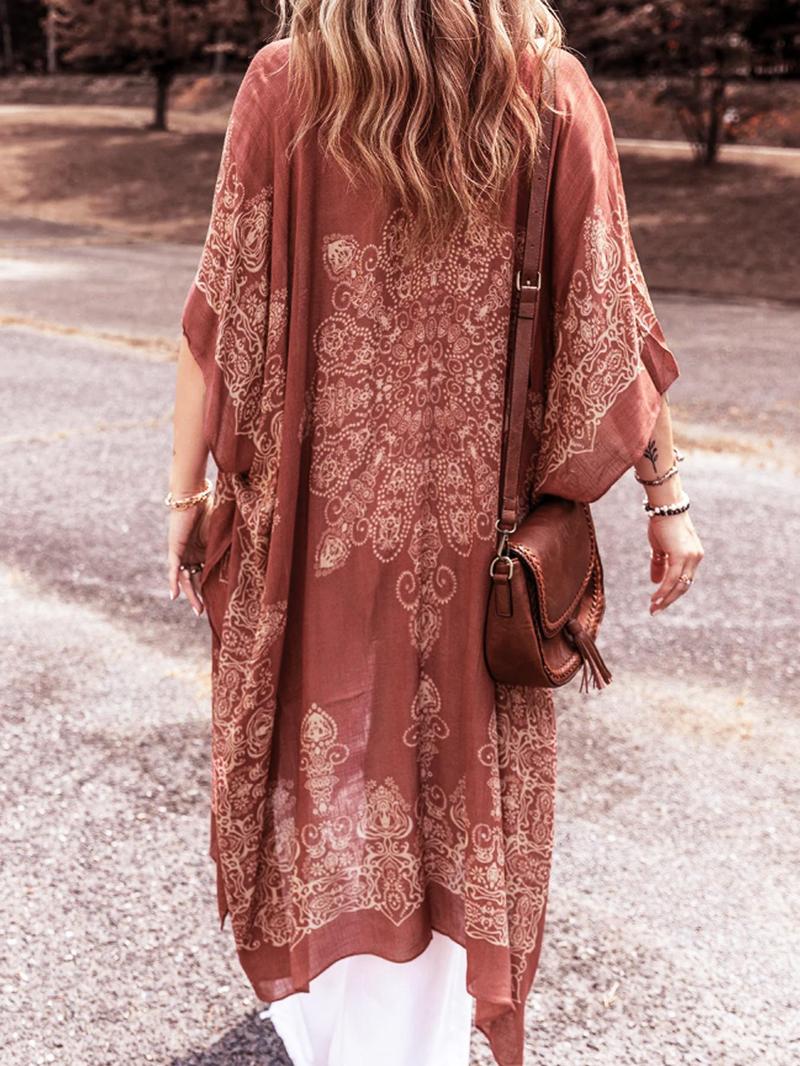 Women's Ethnic Pattern Kimono, Casual Open Front Cover Up for Beach Vacation, Ladies Clothes for Spring & Fall