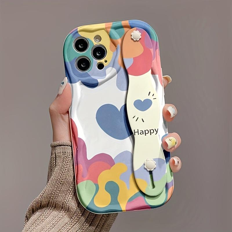 Cream Pattern Wristband for iPhone 17 Pro Max/16/15/14/13/12/11 Happy Design Graffiti Phone Case with Colorful Hearts and Bubbles