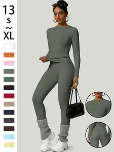 Women's Two-Piece Set, Basic Long Sleeve Top and Pants, Comfortable Solid Round Neck T-Shirt & High Waist Slimming Leggings, Fall & Winter Casual Wear, Womenswear