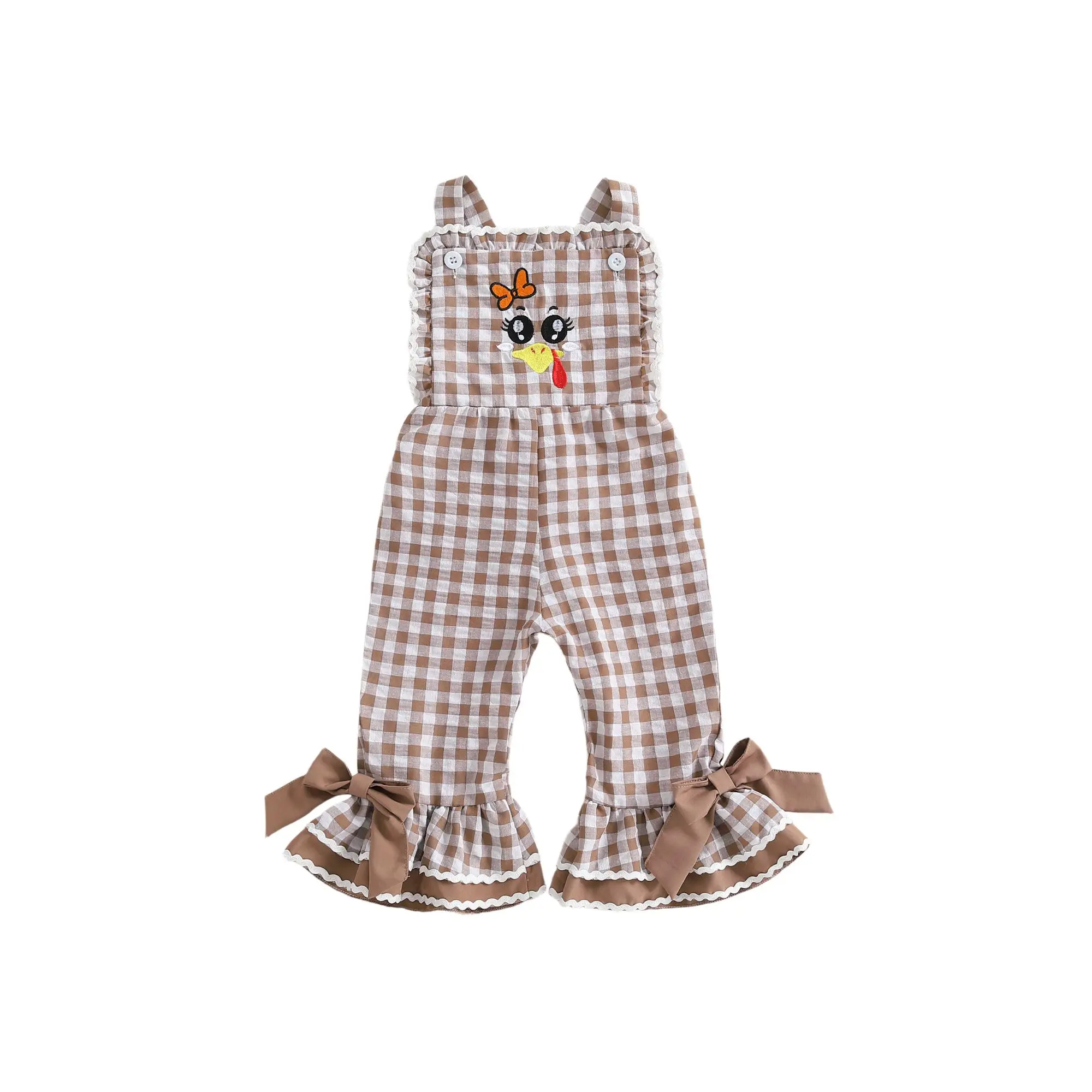 My First Thanksgiving Baby Girl Plaid Chicken Embroidery Overalls Flare Leg Pants Bow Decor Holiday Summer Fall Outfit 0-5 Years