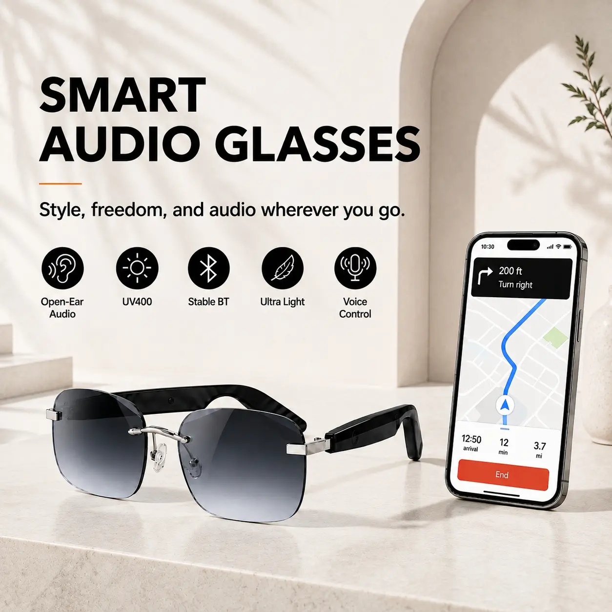 Smart Glasses, Wireless Bluetooth Audio Glasses with Open-Ear Speakers, Built in Mic, Music, Calls, Voice Assistant and Touch Control