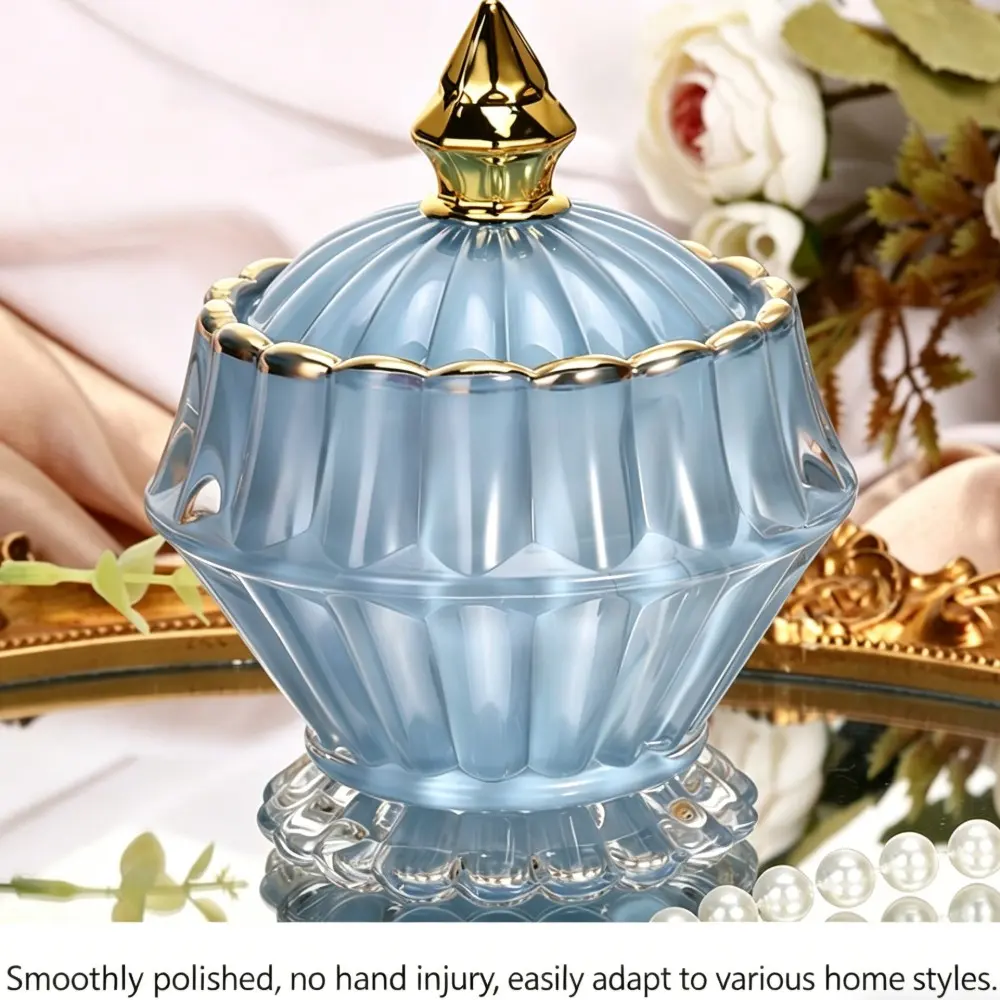 Mist Blue Glass Storage Jar with Lid, European Vintage Relief Jewelry Box, Desktop Candy Jar, Decorative Jar, Luxury Home Decor, Bedroom Vanity Organizer