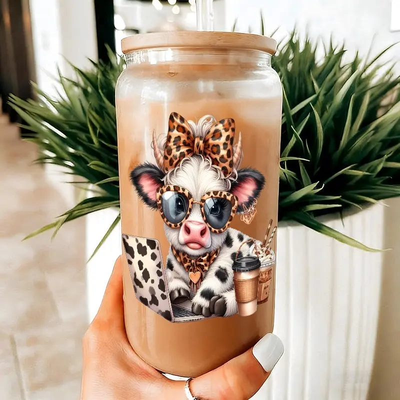 Leopard Bow Baby Cow Work Print 16Oz Glass Tumbler Drinkware With Bamboo Lid And Glass Straw Reusable Easy Rinse Hand Wash Lightweight Stable Base Drink Cup For Office Workers Home Workplace School Daily Use