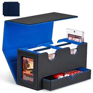 Card Deck Box for MTG, Double Deck Storage Box with 2 Commander Display & 1 Dice Tray, Fits 200+ Double Sleeved, Card Organizer for CCG TCG Sports (Black Blue)
