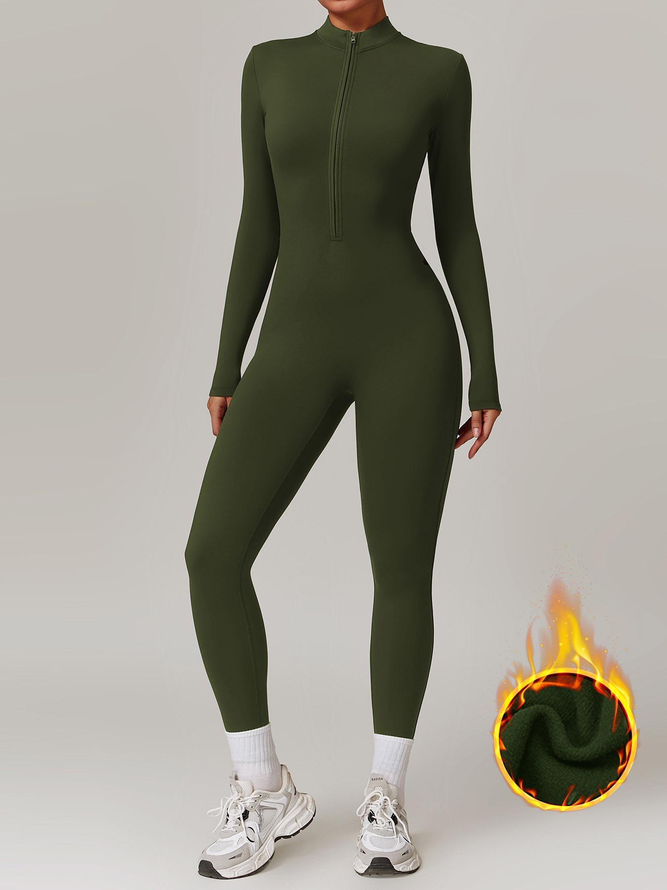 Women's Solid Zip-up Skiing Jumpsuit, Sporty Long Sleeve Onesie for Skiing Cycling, Fall & Winter Ladies Sportswear, Stretchable Activewear, Sporty Comfy Jumpsuit