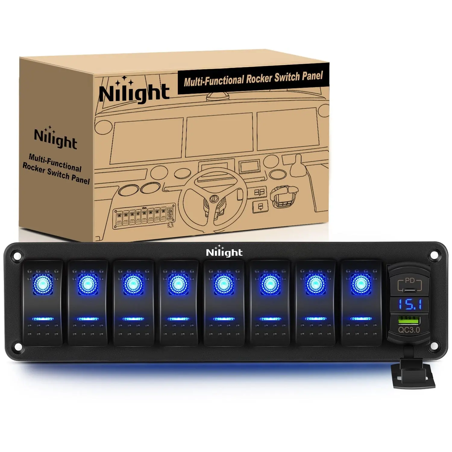 Nilight 8-Gang Aluminum Rocker Switch Panel Kit with LED Blue Backlit, QC3.0 & PD Charging Ports, and Voltmeter