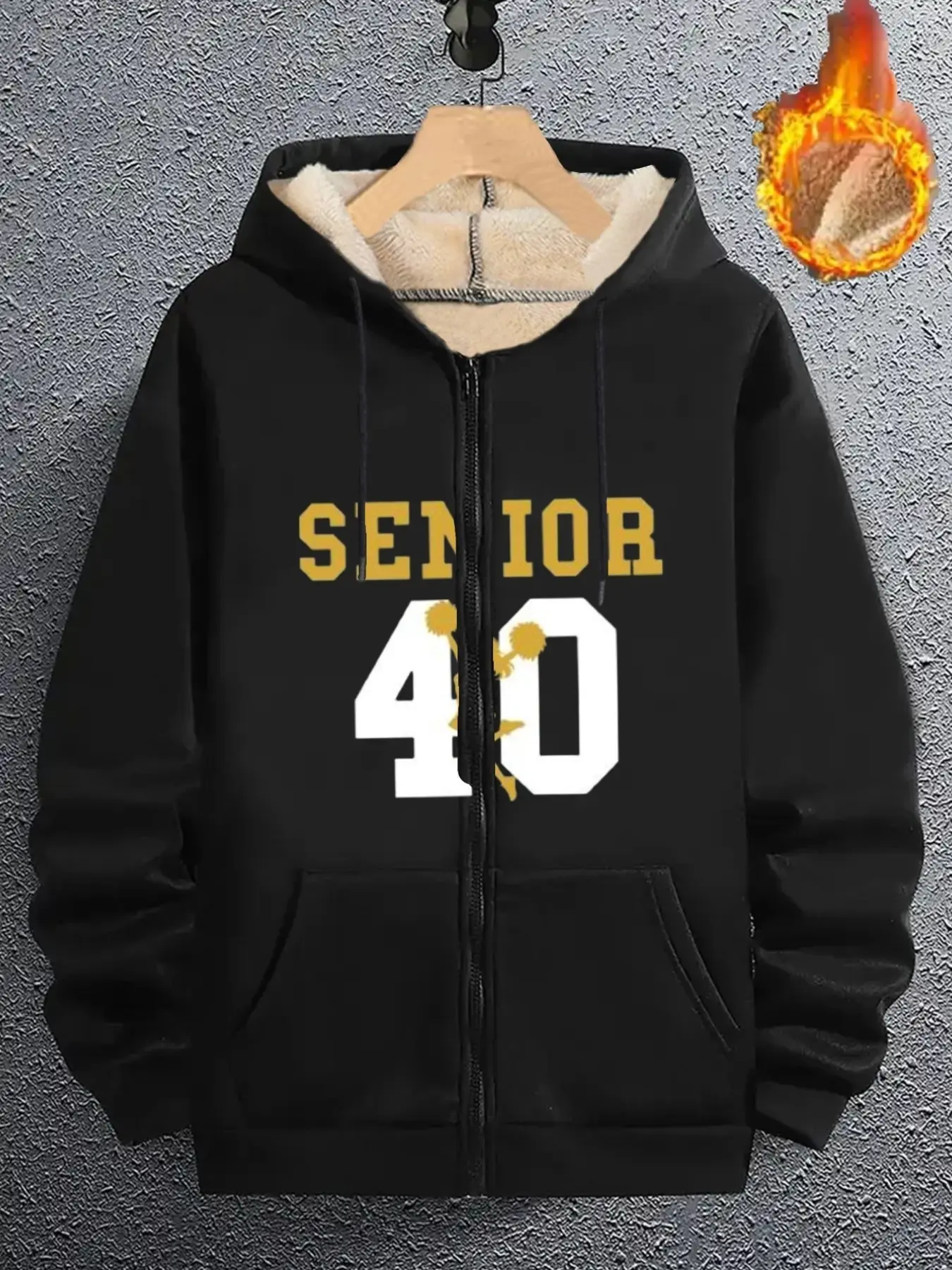 Senior 40th Anniversary Graduation Print Fleece Jacket, Men's Warm Hooded Sweatshirt, Casual Long Sleeve Loose Fit, All Seasons