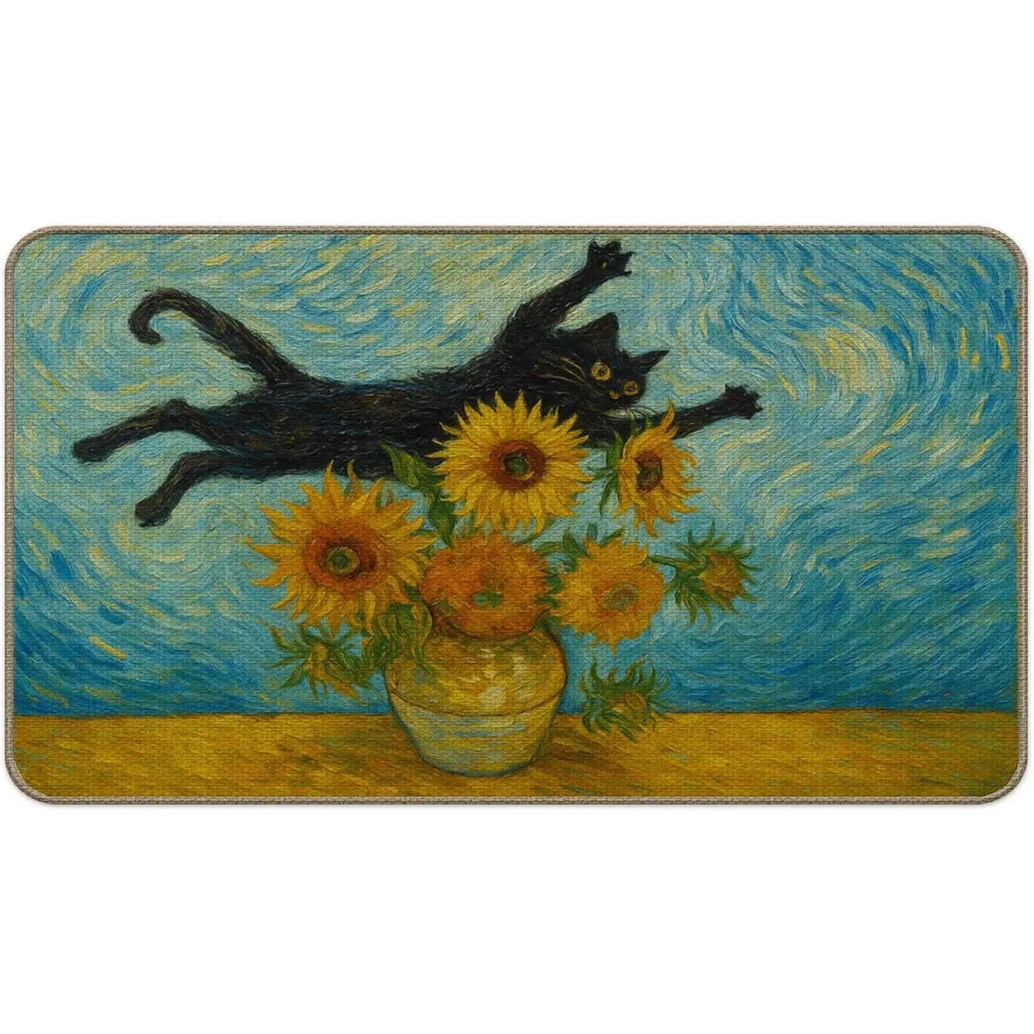 Van Gogh Sunflower Black Cat Durable Door Mat - 24"(l)×16"(w)/24x16 inch/32x20 inch/36"(l)×24"(w), Vintage Abstract Whimsical Boho Welcome Mat for Front Door Entryway, Indoor Outdoor Porch Use