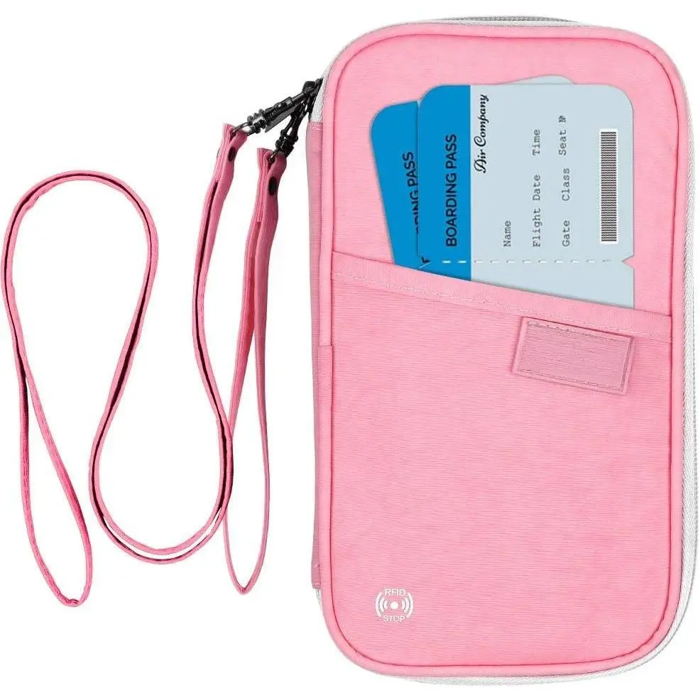 RFID Passport Wallet with Vaccine Card Slot, Family Travel Passport Holder Document Organizer Bag with Wrist &  Double Strap