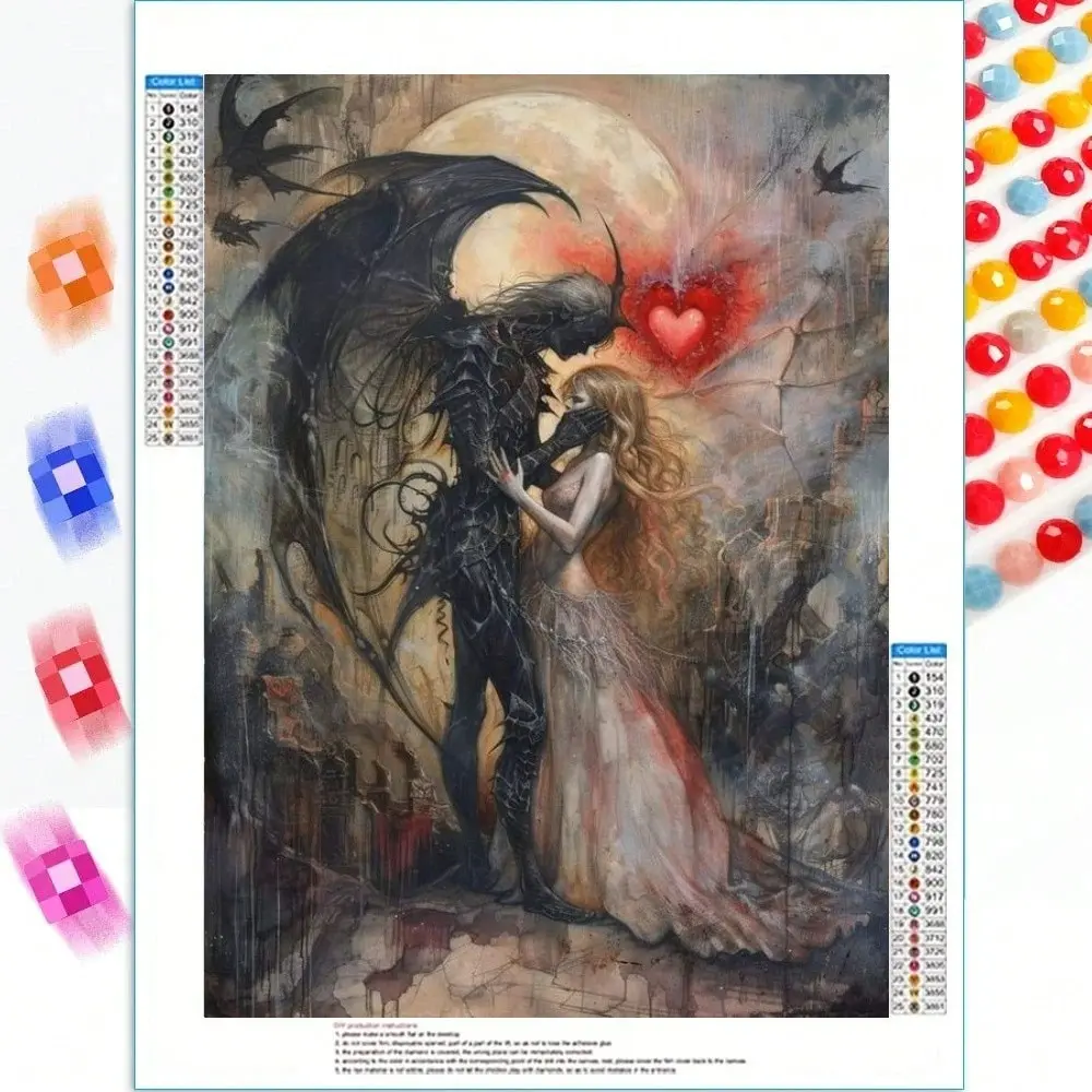 Diamond Painting Kits for Adults, DIY Crafts 5D Full Drill Diamond Art, Gem Painting Canvas, Gothic Romance Demon Knight, Dark Fantasy Angel Lover, Red Heart Full Moon, Diamond Pattern Design, Bedroom Wall Decor Halloween Gift