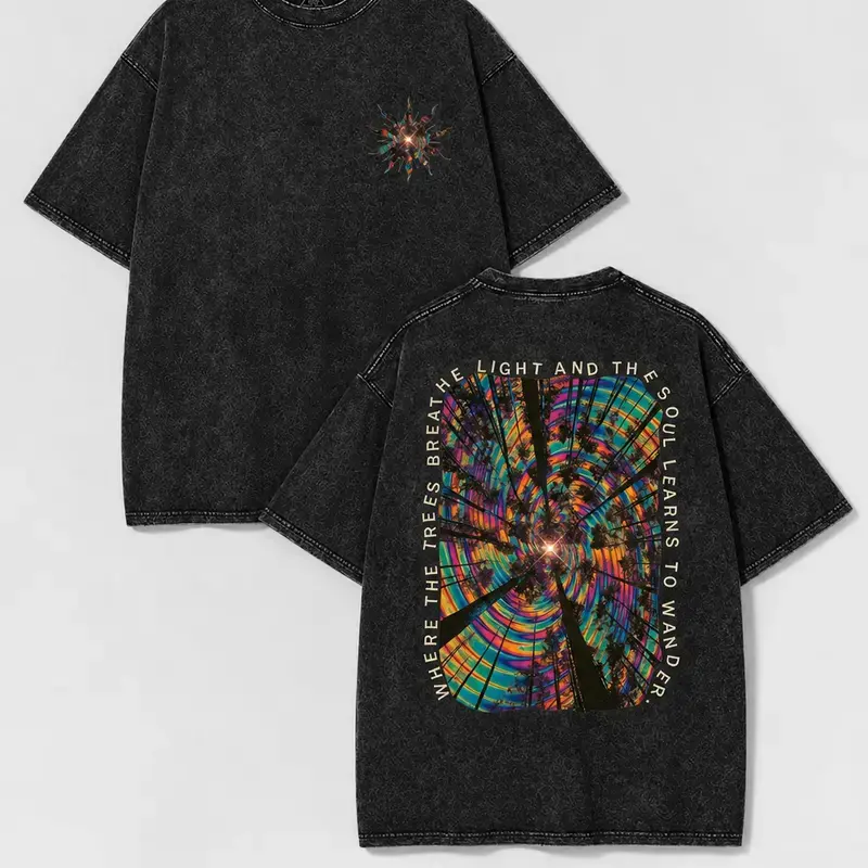 Vintage Acid Wash Trippy Forest Graphic Tee Psychedelic Festival Streetwear Y2K Clothing Oversized Summer Top loose fit casual shirt cotton t-shirt