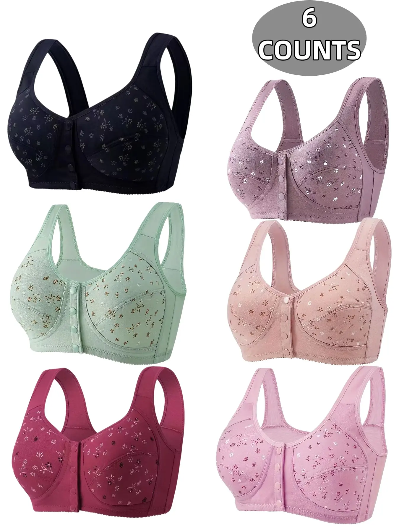 6-Pack Women's Wire-Free Front Buckle Bralettes, Everyday Seamless Comfort Fit, Full Coverage, Breathable Soft Fabric, All-Season Support