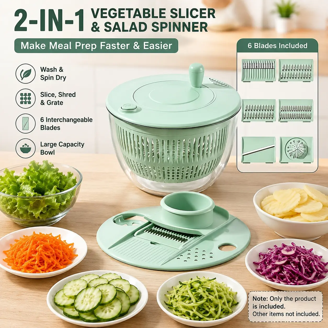 2-in-1 Vegetable Slicer & Salad Spinner with 6 Blades, Multi-Function Kitchen Prep Tool for Slicing, Shredding & Washing Vegetables