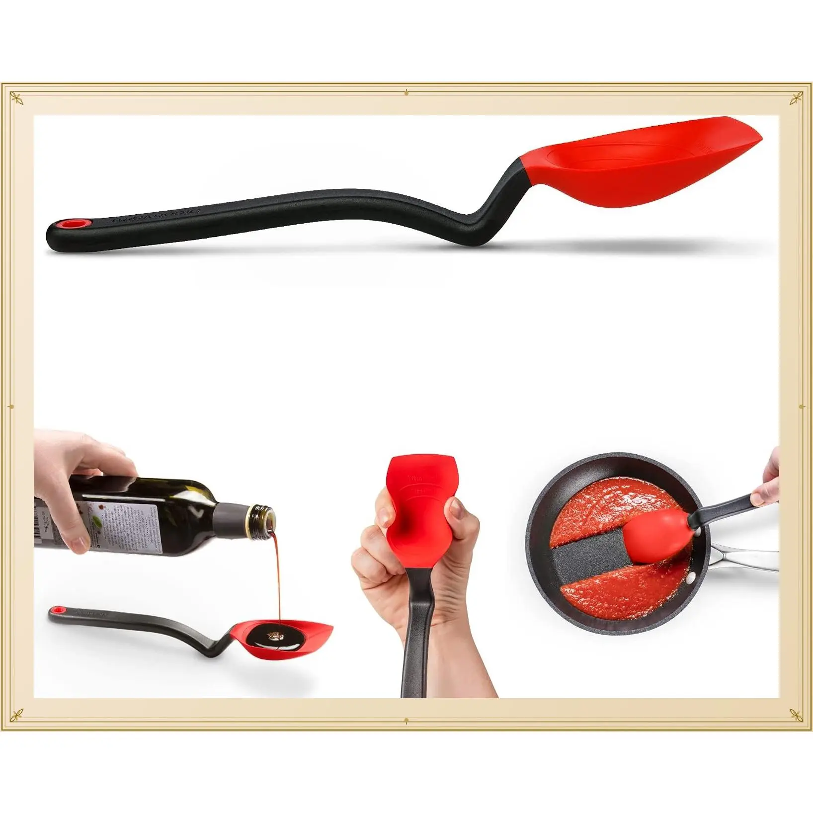 11 Inch Red Silicone Cooking Spoon with Flat Squeegee Tip, Non-Stick Cookware Safe, Heat-Resistant, Mess-Free, Measures 5ml Tsp & 15ml Tbsp for Scraping & ServingGift