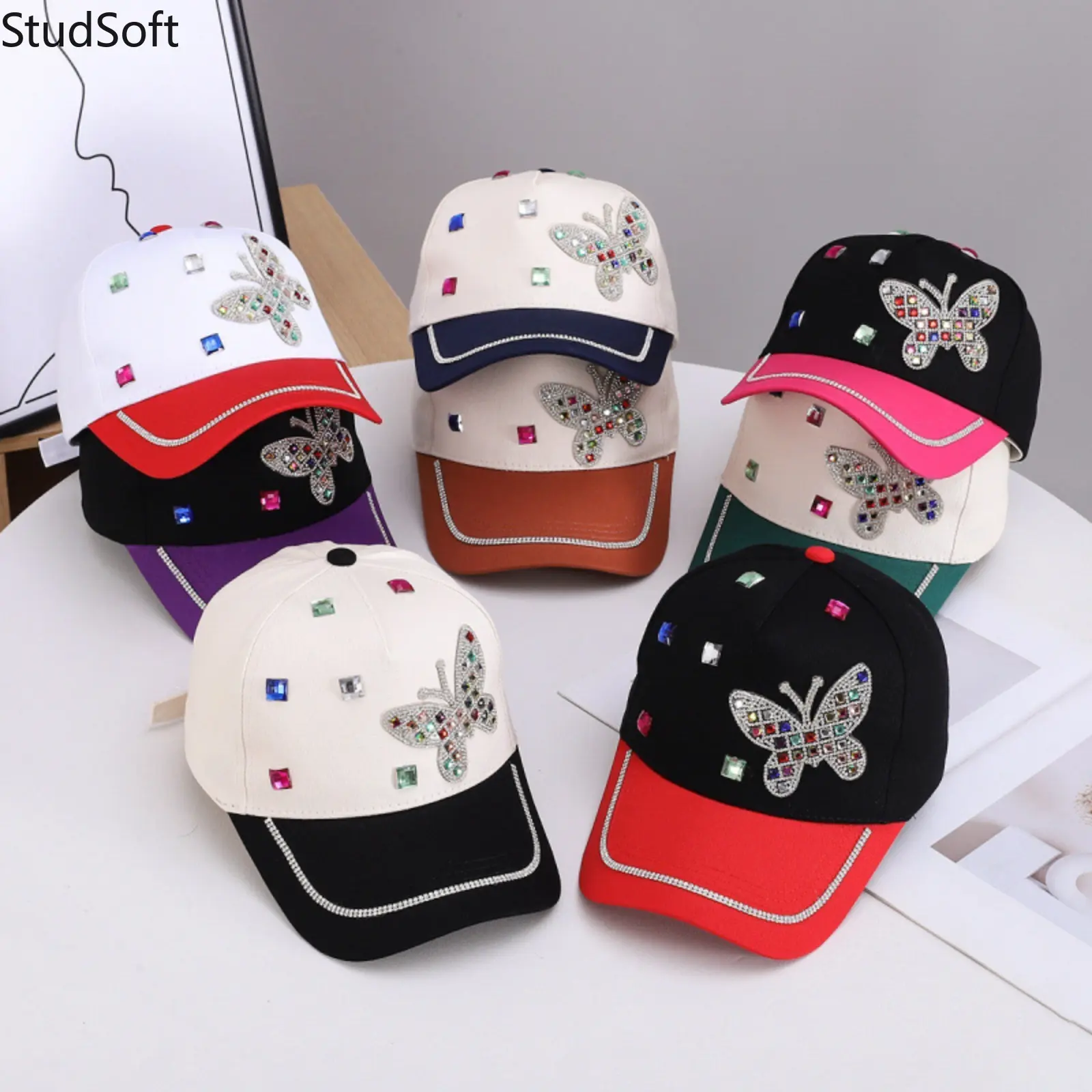 Women's Sparkly Rhinestone Butterfly Baseball Cap Color Block Bling Crystal Adjustable Trucker Hat Sun Protection Hip Hop Streetwear Gifts