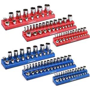 Magnetic Socket Organizer Set, 6-Piece Socket Holder Kit for 1/4", 3/8", 1/2" Drive SAE & Metric Sockets, Color Coded Red & Blue Heavy Duty Socket Storage Rails, Holds up to 143 Pieces, Garage Tool Organization System