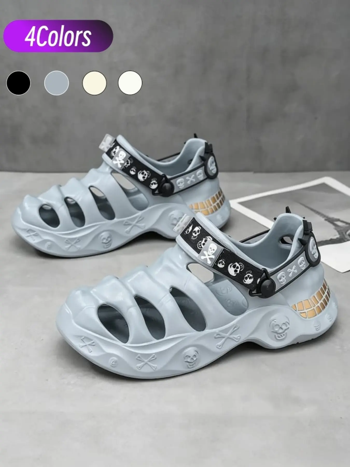 Functional Men Mecha Skull Water Clogs Closed Toe Protection Hollow Quick Dry 3D Emboss Platform Anti-slip Rubber Sole Multiple Shades Versatile For Beach Walk School Water Activity