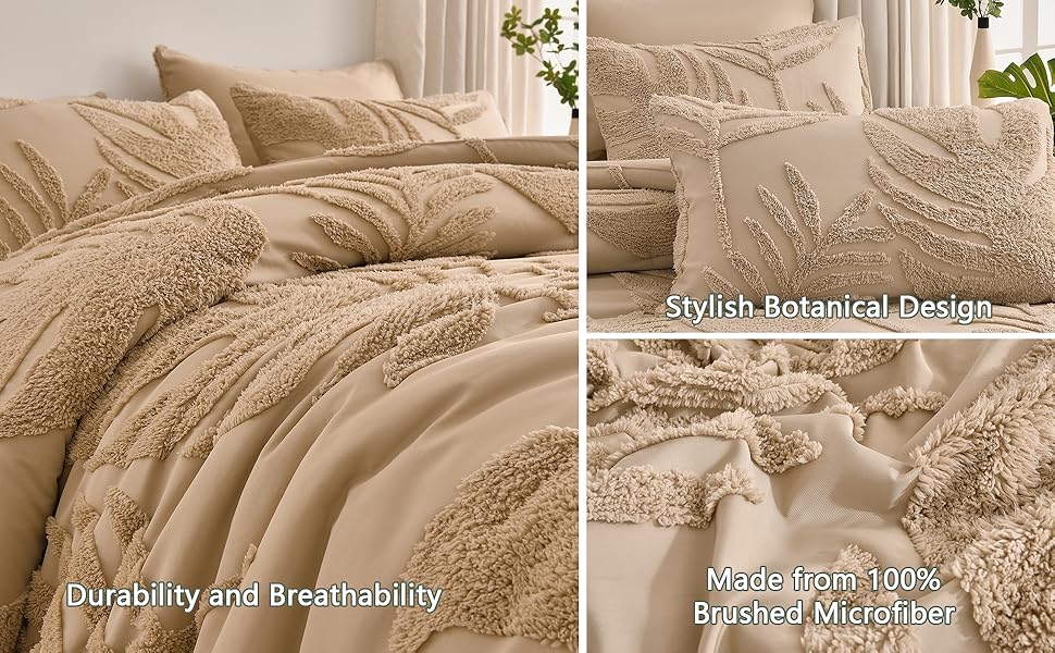 Khaki Queen Comforter Set,Boho Soft Warm Tufted Neutral Bed in a Bag,Lightweight All Bedding with Botanical Palm Leaf Pattern,3 Pieces (Comforter&2 Shams)