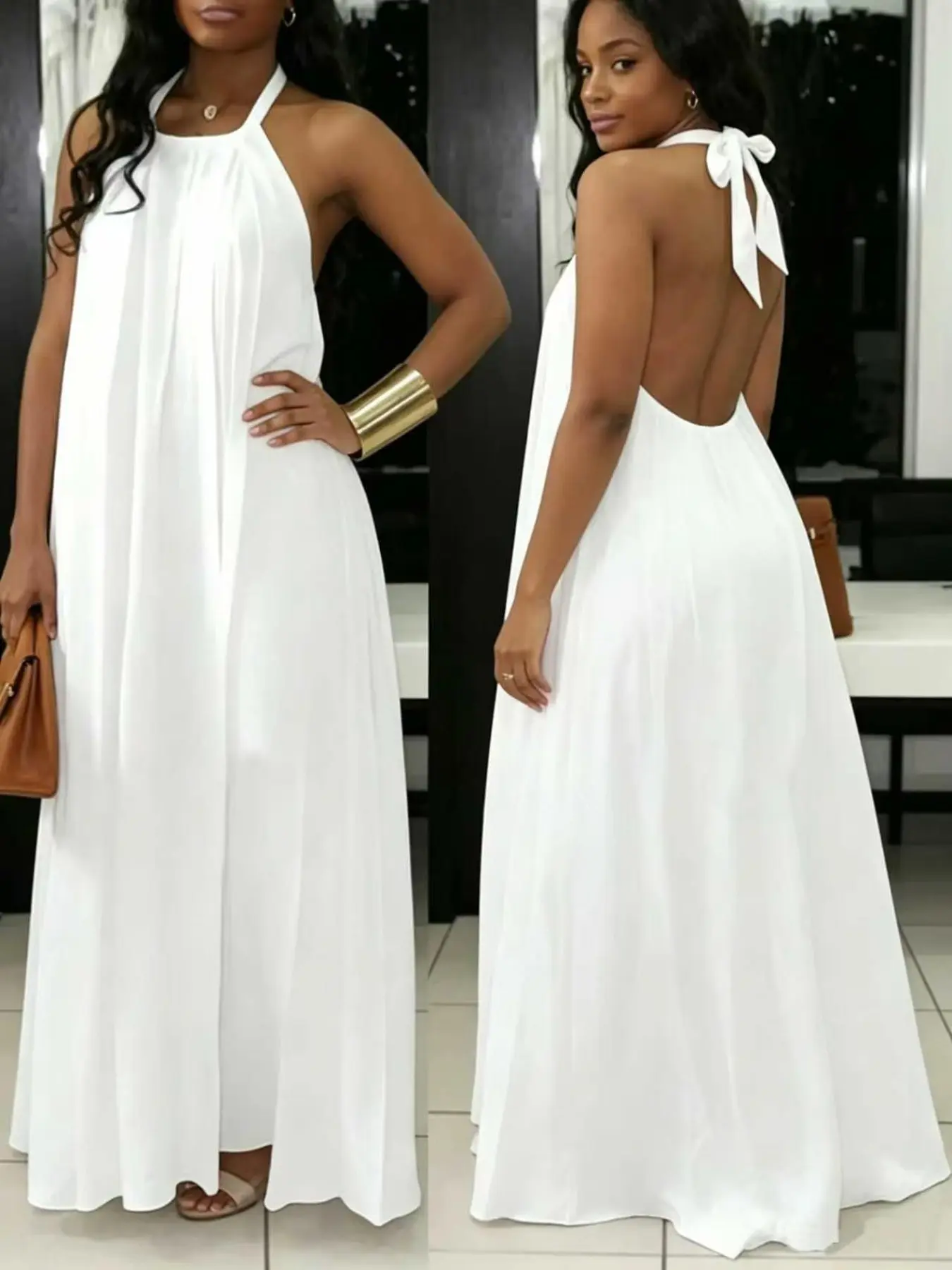 Summer New Casual Versatile Loose Halter Backless Cute Chic Maxi Sleep Dress for Women, Comfortable Home Wear Loungewear, Stylish Nightwear Nightgown for Ladies, Loungewear House Dress