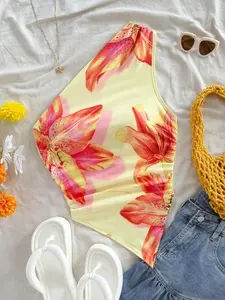 Women's Fashion Summer Casual Print Asymmetric Shoulderless Shirt, Ultra-Thin Sleeveless Top, Perfect for Daily Wear