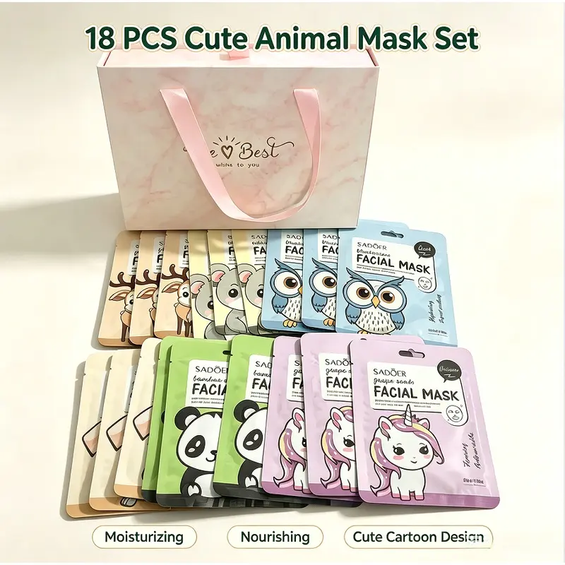 18Pcs 6 Styles  Cute Animal Facial Mask Kit Portable Gift Bag Design Hydrating Soothing Facial Sheet Mask Holiday Present For Girls