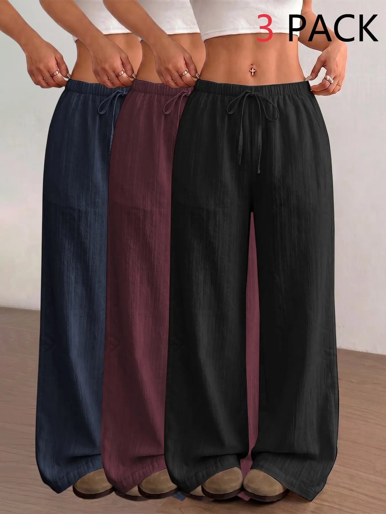 3 Pack Wide Leg Pants, Soft Textured Fabric, Loose Relaxed Fit, All Season Wear, Hip Hop Streetwear, Casual, Drawstring Waist
