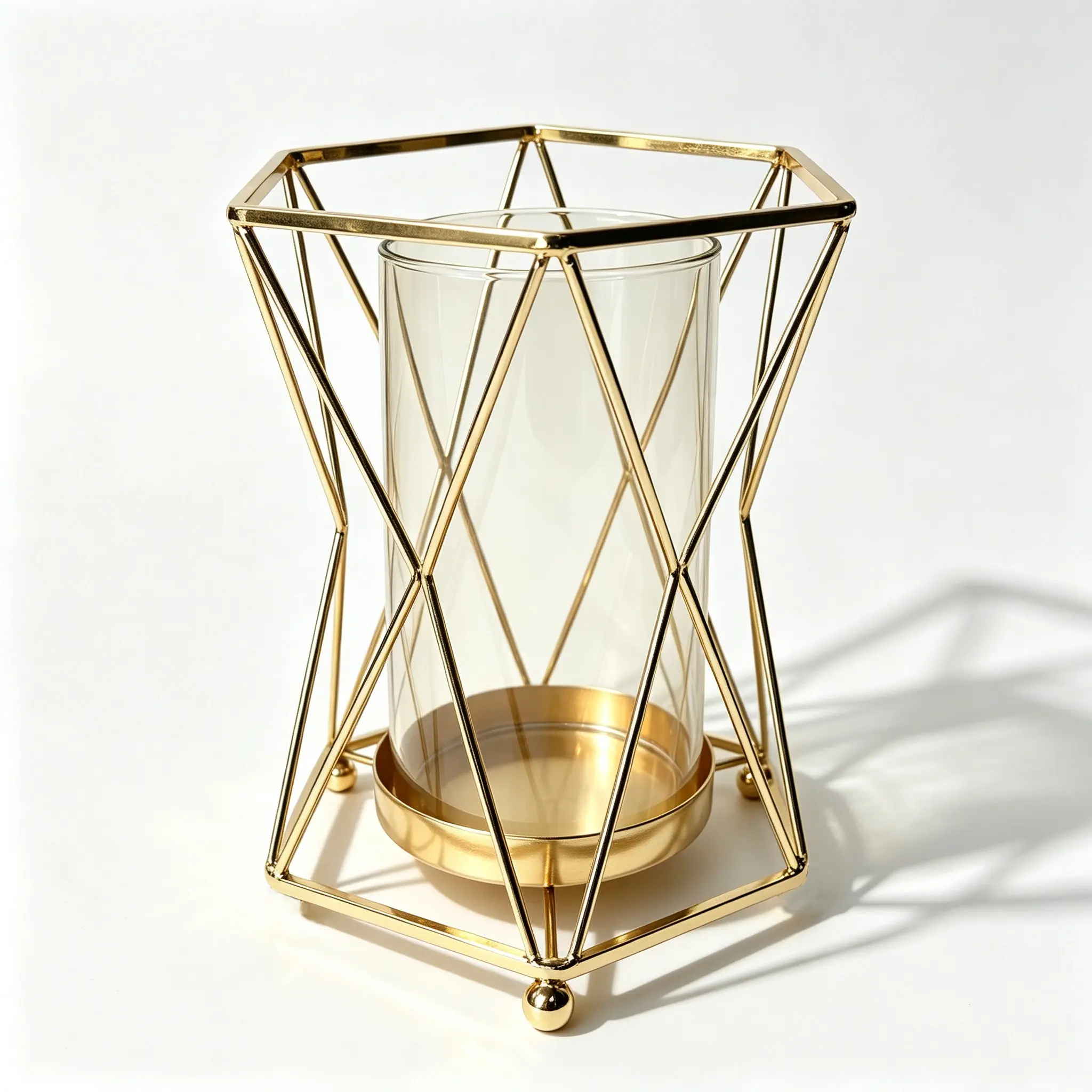 Geometric Metal Frame Decorative Vase, Detachable Transparent Glass Cylinder, Modern Minimalist Table Centerpiece, Home Decor Gift
