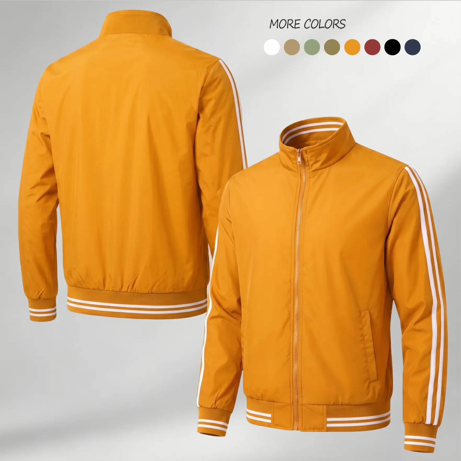 Men’s Lightweight Thin Zip-Up Pilot Bomber Jacket - Ribbed Hem, Ribbed Cuffs, Stripe Details, Breathable Fabric, Long Sleeves, Sports-Inspired Casual Urban Streetwear Outerwear, Zipper