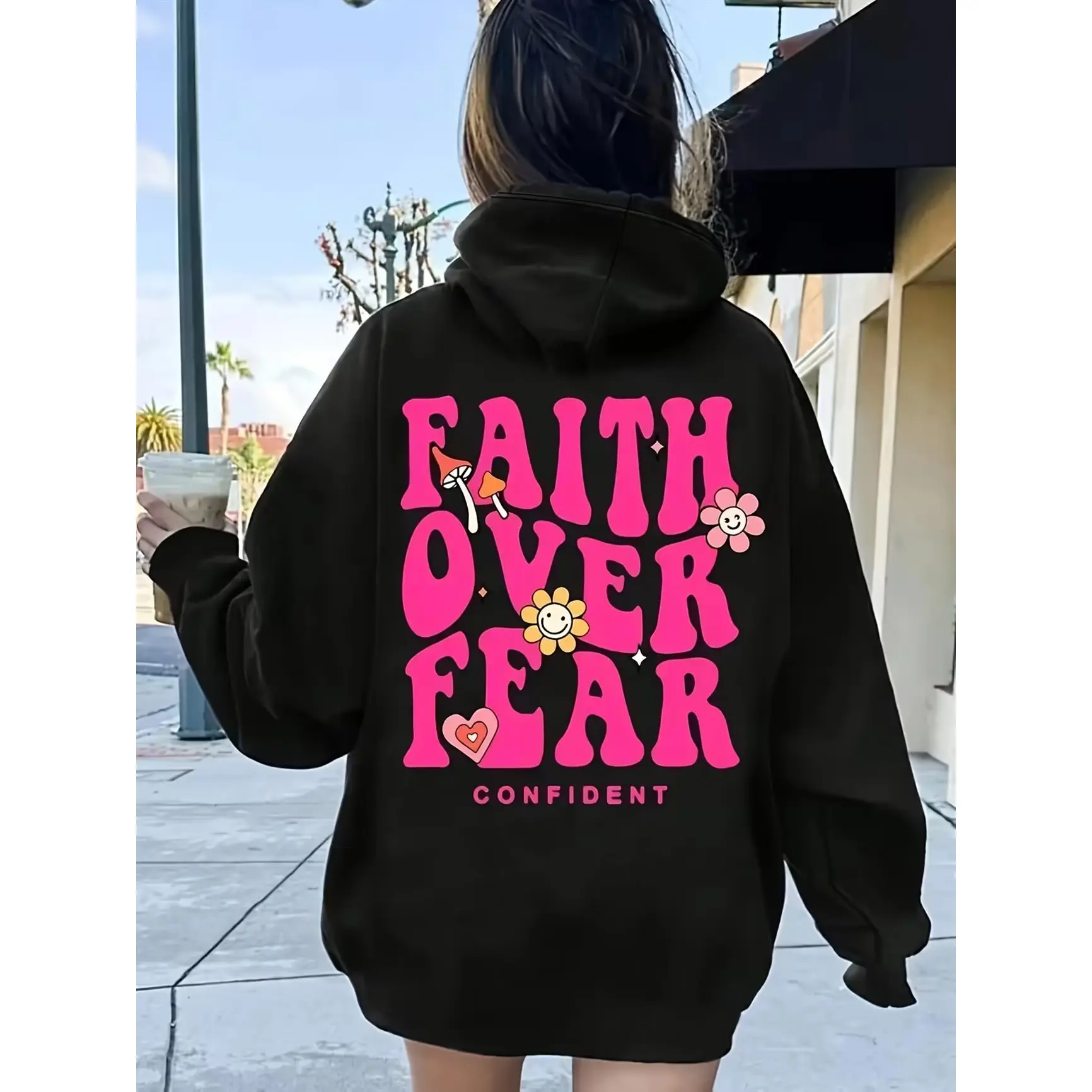 Faith Over Fear Retro Hippie Graphic Hoodie, Oversized Positive Slogan Flower Mushroom Hooded Sweatshirt, Cute Fashion Outfit, Confident Retro Aesthetic, Ideal Holiday Gift for Him Her, Perfect Present for Lovers Family Friends