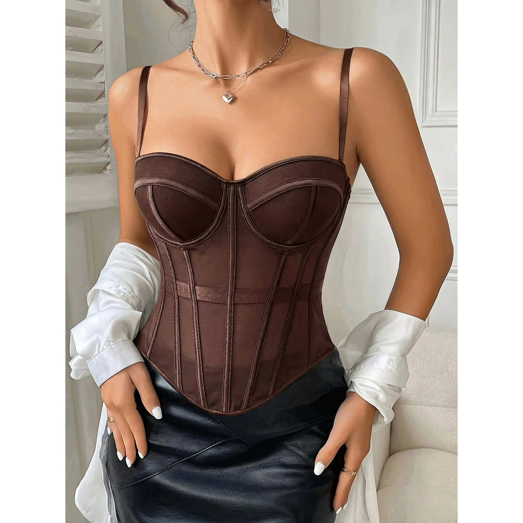 Women's Brown Mesh Panel Off Shoulder Strapless Top, Sexy Backless Multi-Row Button Bodysuit, Fishbone Cup Corset Bustier with Adjustable Straps, Breathable Mesh Built-in Bra, Curved Hem Elastic Waist Shaping Top