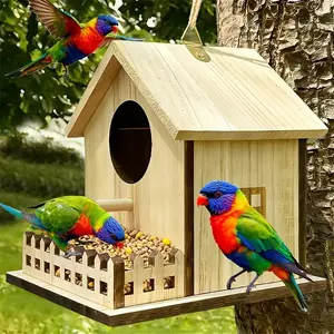 A suspended birdhouse with a fence - featuring an independent feeding area for storing bird food, rainproof and windproof, made of natural wood, safe and shock-resistant, with spacious interior space, suitable for small birds and parrots, suitable for han