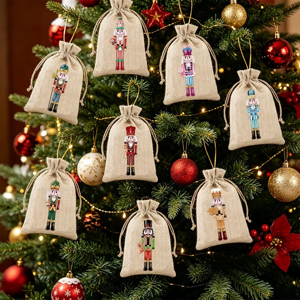 12pcs/24pcs/36pcs Christmas Nutcracker Pattern Drawstring Bags, Linen Gift Bags for Holiday Parties, Candy Bags, Burlap Tie Bag Set